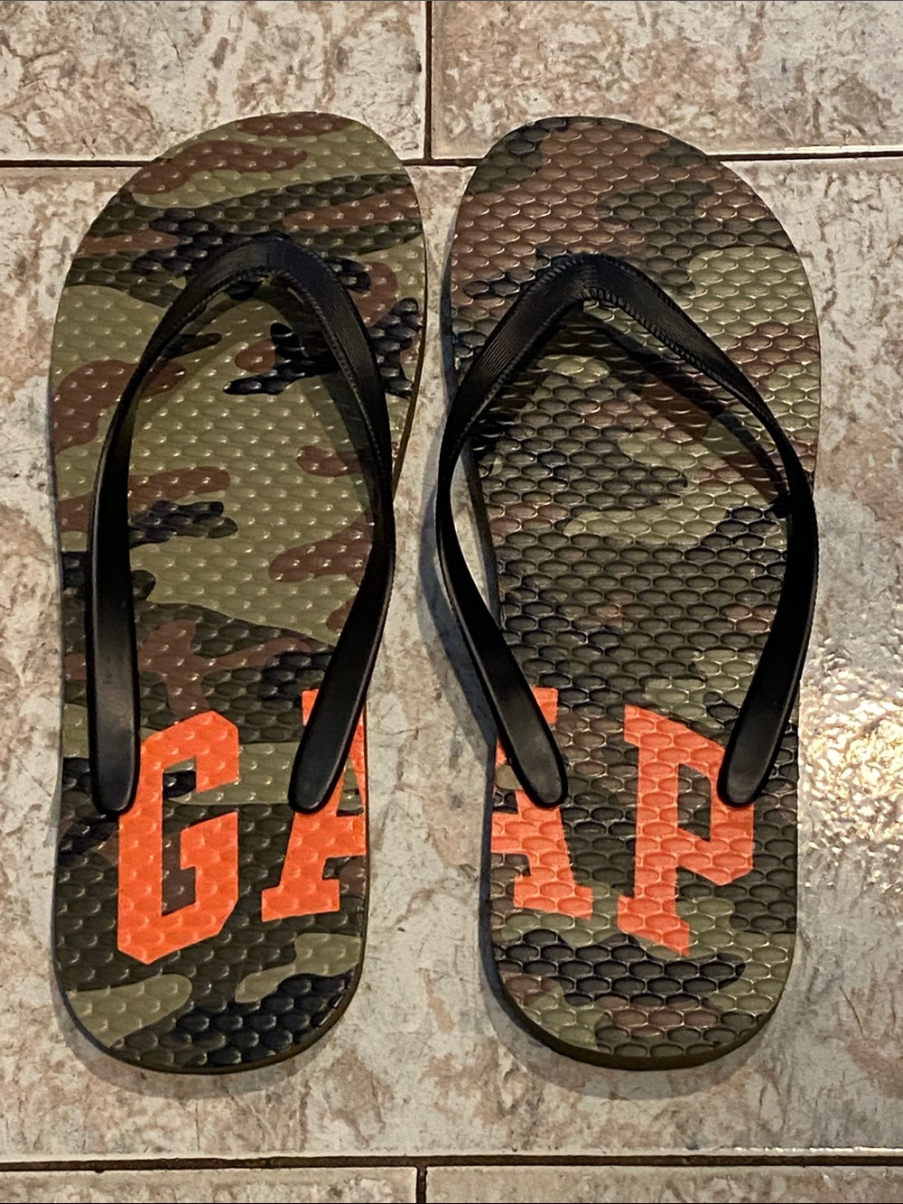 Gap Camouflage Flip Flops with Orange Logo